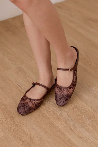 Lydia Floral Mesh Flat Mules in Dark Chocolate