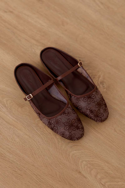 Lydia Floral Mesh Flat Mules in Dark Chocolate