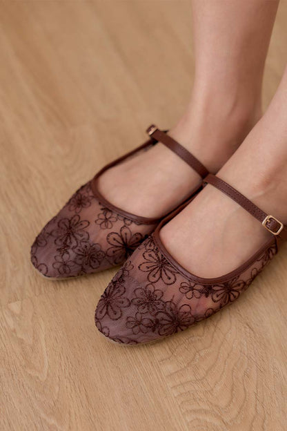 Lydia Floral Mesh Flat Mules in Dark Chocolate