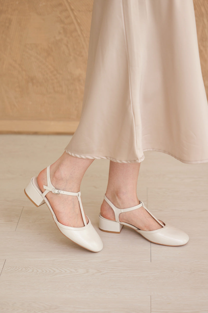 Malorie Tbar Heels in Cream Patent