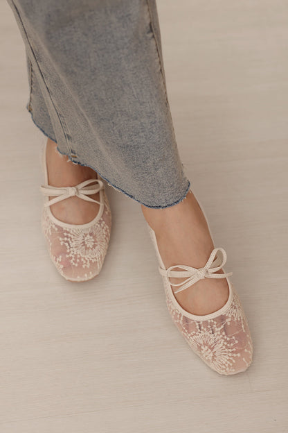 Mirielle Embroided Ribbon Flats in Cream
