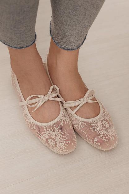 Mirielle Embroided Ribbon Flats in Cream