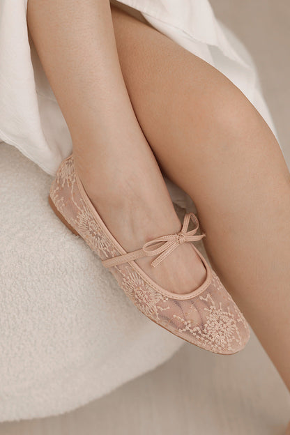 Mirielle Embroided Ribbon Flats in Nude
