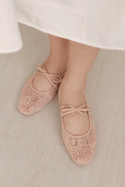 Mirielle Embroided Ribbon Flats in Nude