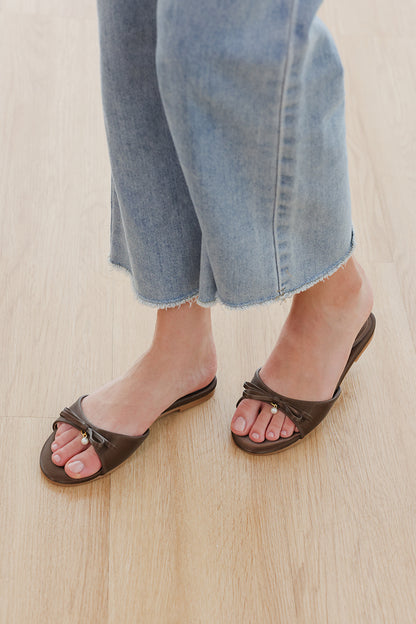 Pearlina Bow Sliders in Brown Waterproof Satin