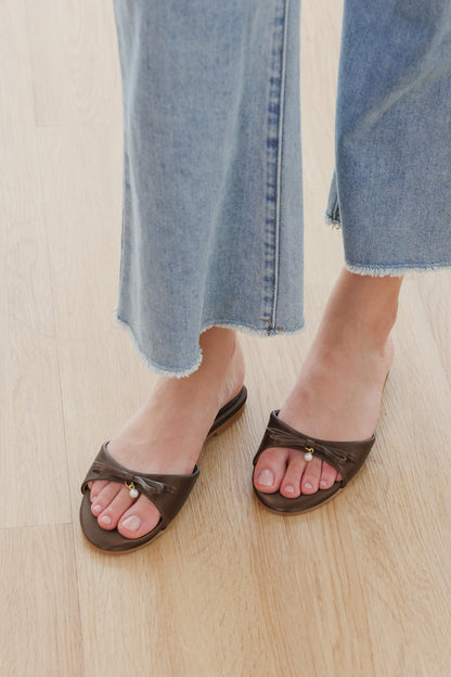 Pearlina Bow Sliders in Brown Waterproof Satin