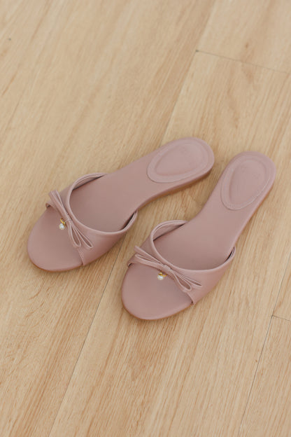 Pearlina Bow Sliders in Dusty Pink Waterproof Satin