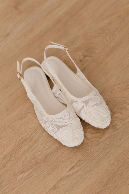 Sage Floral Mesh Slingback Flats in Cream