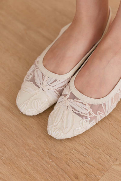Sage Floral Mesh Slingback Flats in Cream