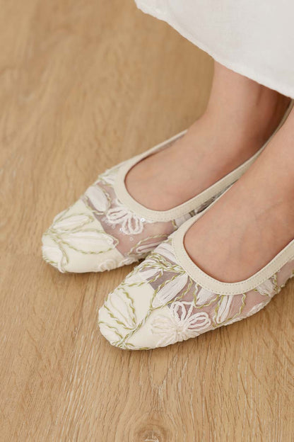 Sage Floral Mesh Slingback Flats in Cream/Olive