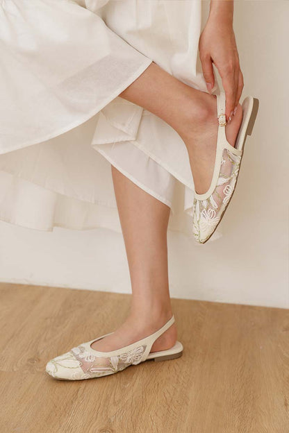 Sage Floral Mesh Slingback Flats in Cream/Olive
