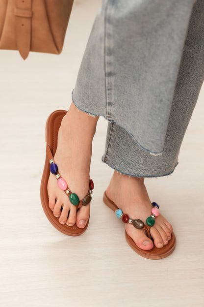 Suri Embellished Thong Sliders in Camel