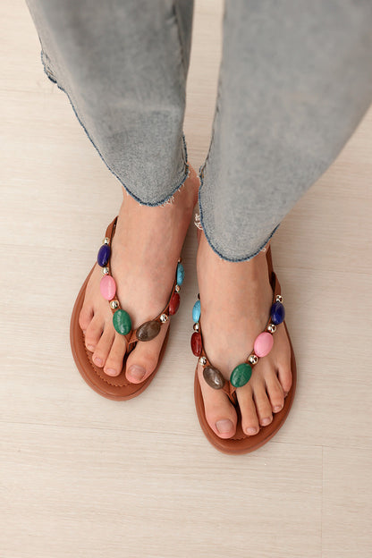 Suri Embellished Thong Sliders in Camel