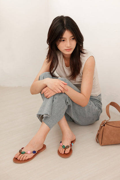 Suri Embellished Thong Sliders in Camel