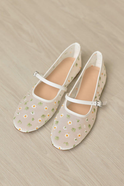 Tilly Embroidered Mesh Maryjane Flats in White