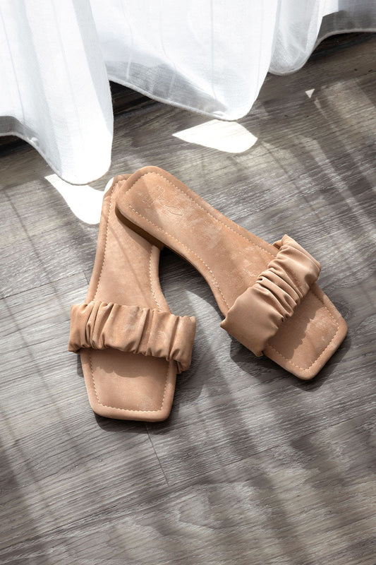 Winslet Ruching Sliders in Nude Waterproof Satin