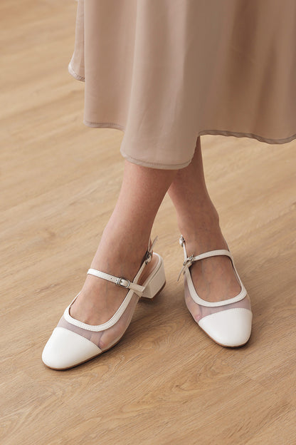 Wynna Mesh Maryjane Slingback Heels in Cream