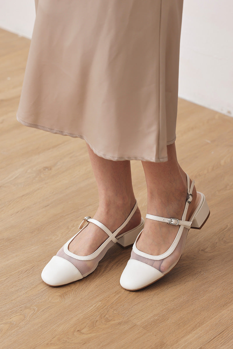 Wynna Mesh Maryjane Slingback Heels in Cream