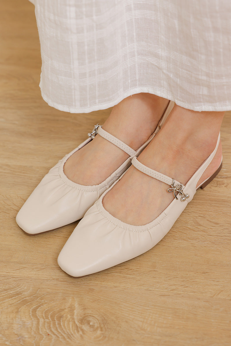 [PRE-ORDER] Alvara Charmé Ruching Slingback Flats in Cream