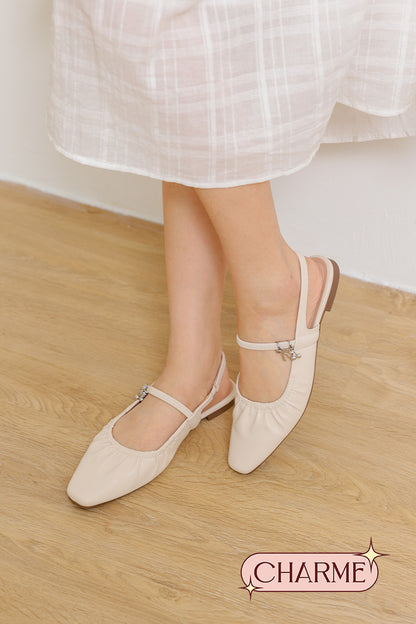 [PRE-ORDER] Alvara Charmé Ruching Slingback Flats in Cream