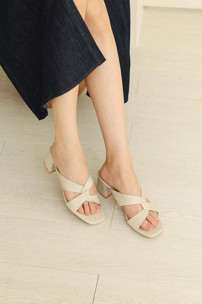 Ana Interlocking Block Heels in Taupe Waterproof Satin