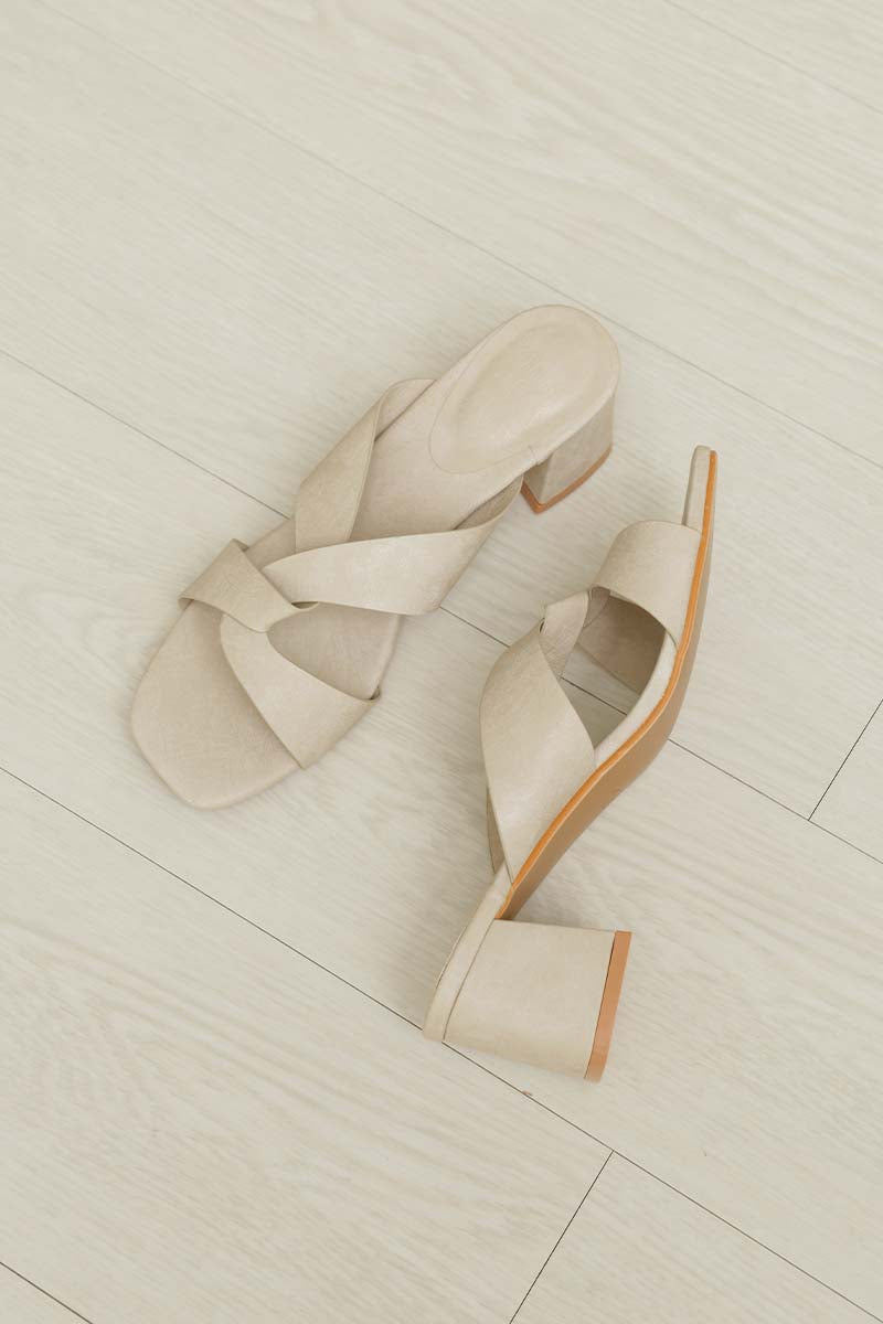 Ana Interlocking Block Heels in Taupe Waterproof Satin