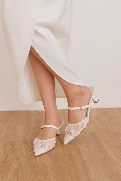 Aveline Embroidered Kitten Heels in Cream