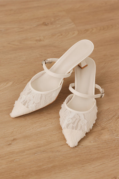 Aveline Embroidered Kitten Heels in Cream