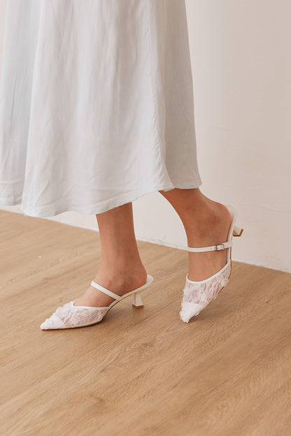 Aveline Embroidered Kitten Heels in White