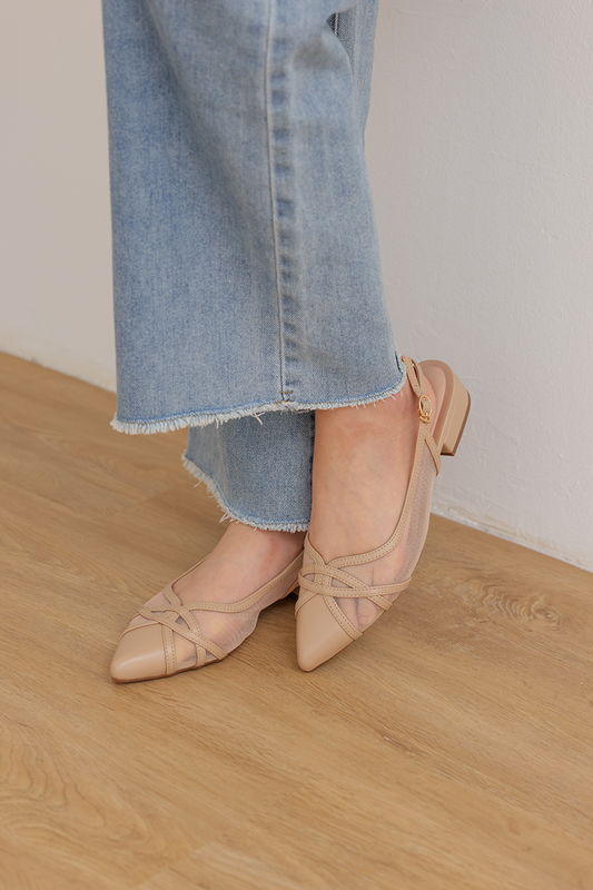 [PRE-ORDER] Calista Mesh Slingback Flats in Nude