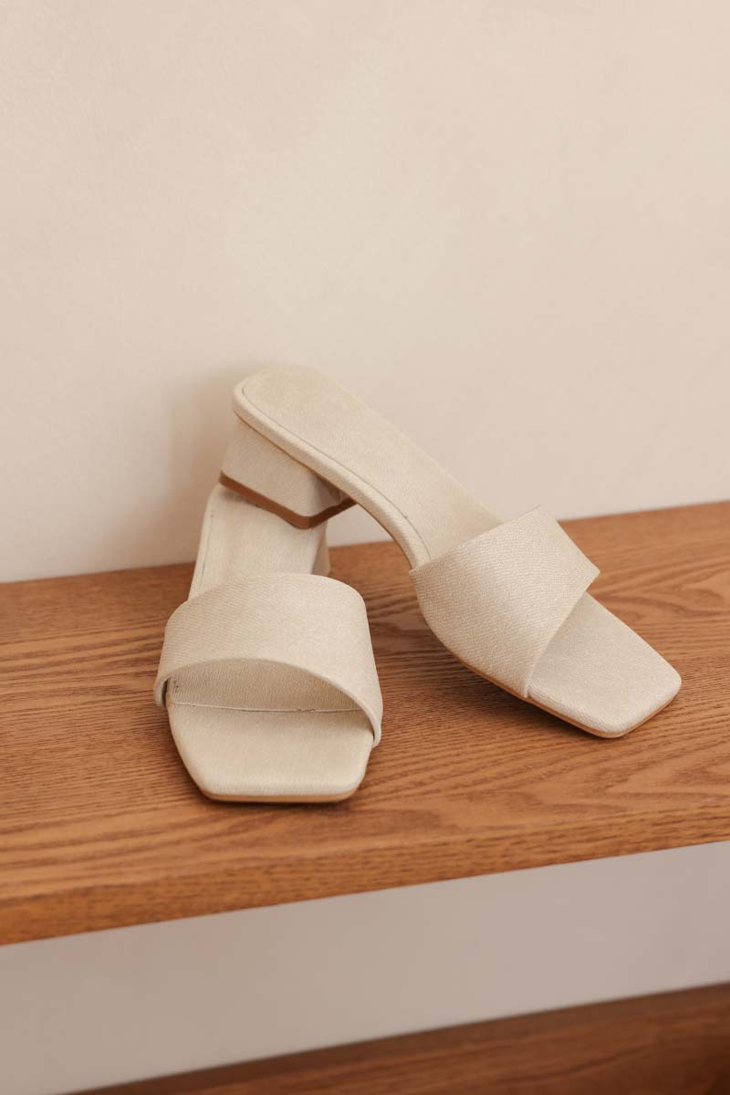 Carly Irregular Strap Heels in Waterproof Linen