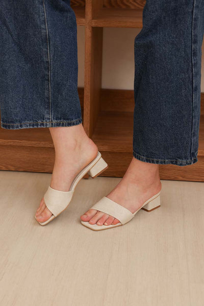 Carly Irregular Strap Heels in Waterproof Linen