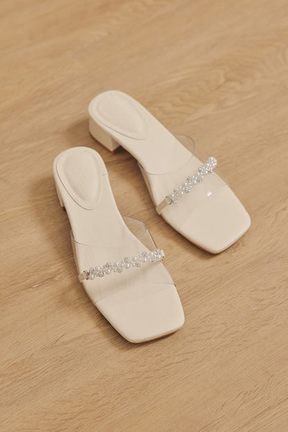 Fenna Vinyl Strap Pearl Buckle Heels in Cream