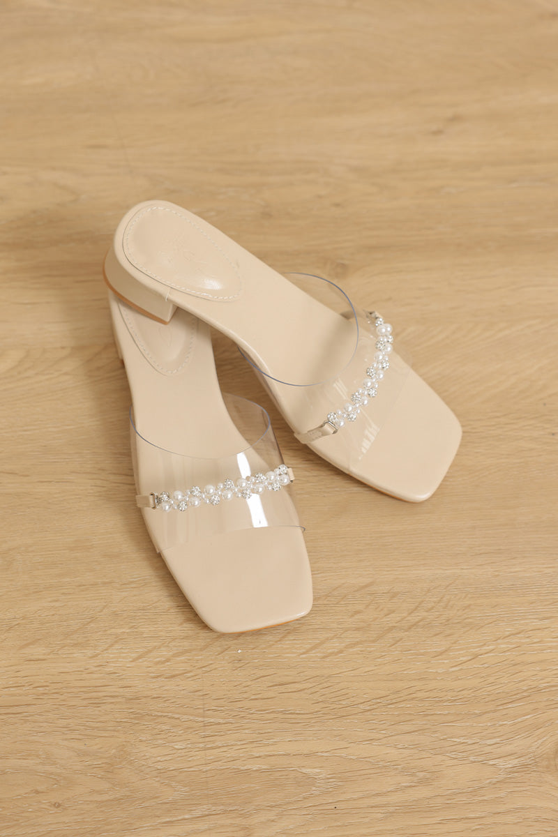 Fenna Vinyl Strap Pearl Buckle Heels in Nude