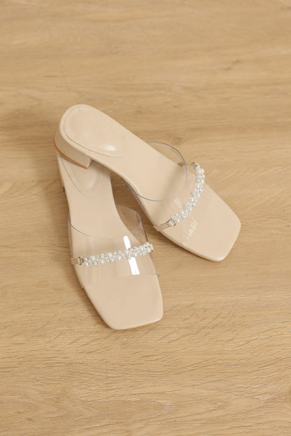 Fenna Vinyl Strap Pearl Buckle Heels in Nude