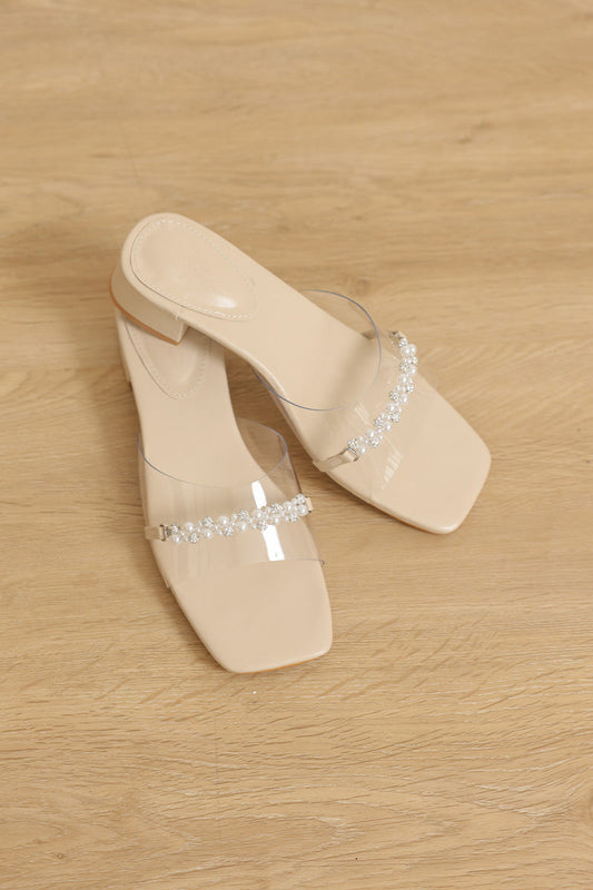 [PRE-ORDER] Fenna Vinyl Strap Pearl Buckle Heels in Nude