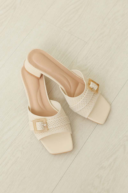 Ivelle Knit Buckle Block Heels in Cream