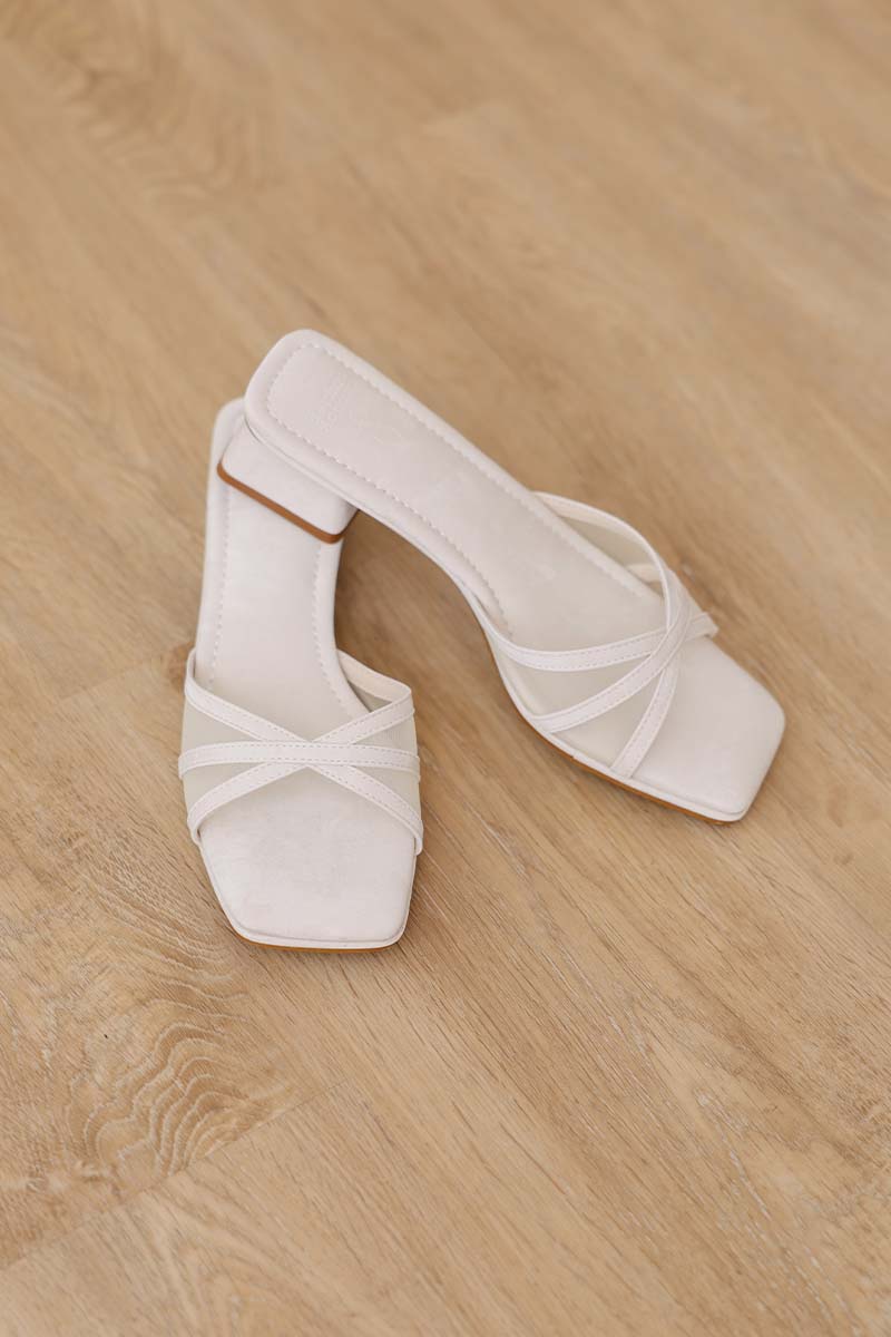 Jovy Contrast Mesh Cloud Block Heels in Cream Waterproof Satin