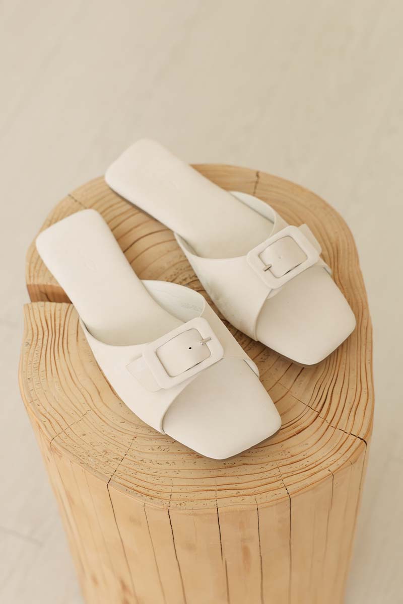 Kira Buckle Sliders in Cream Waterproof Satin