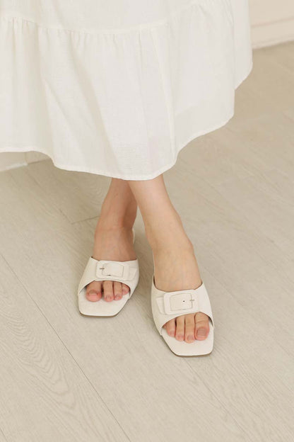 Kira Buckle Sliders in Cream Waterproof Satin