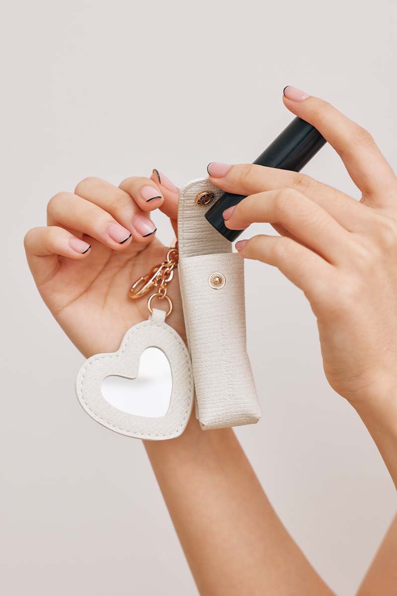Lipstick Case with Mirror Keychain in Cream