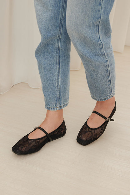 Lunaire Lace Mesh Maryjane Flats in Black