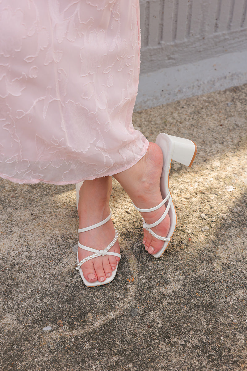 Ovina Pearl Strappy Block Heels in Cream