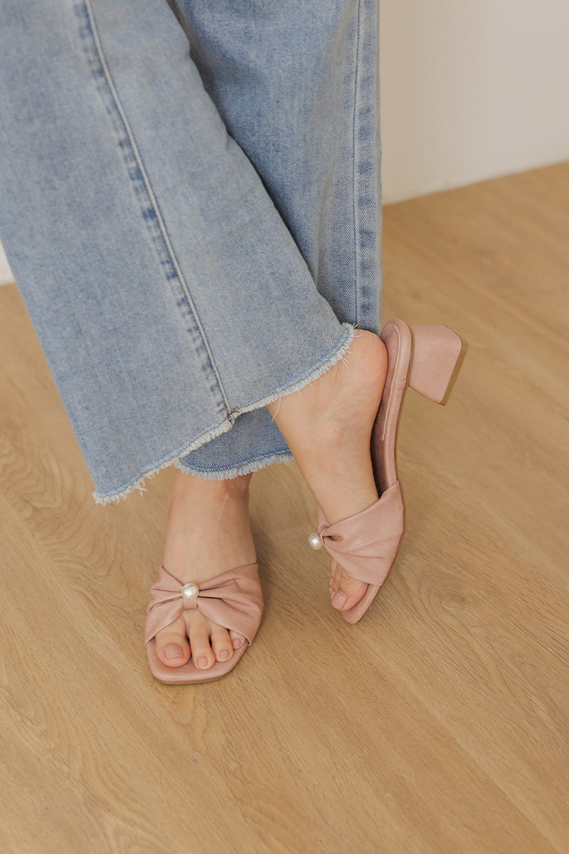 Pearla Block Heels in Pink Waterproof Satin