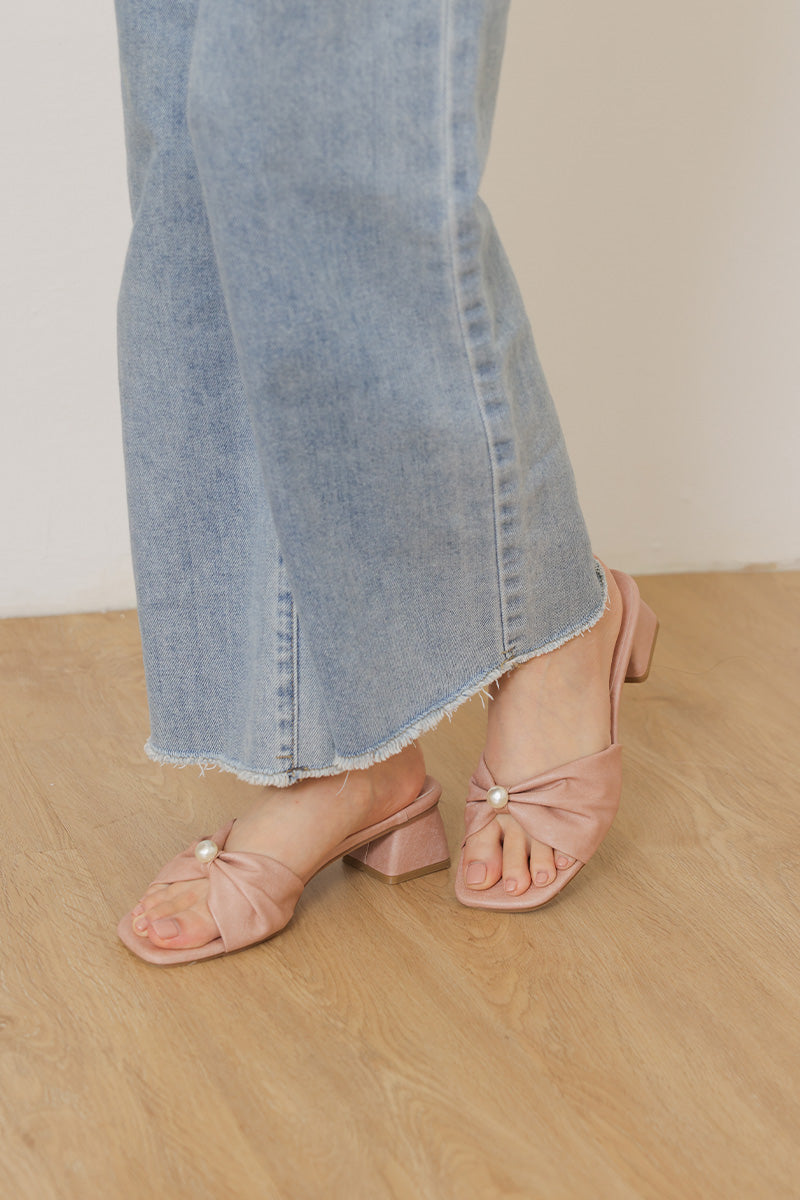 Pearla Block Heels in Pink Waterproof Satin