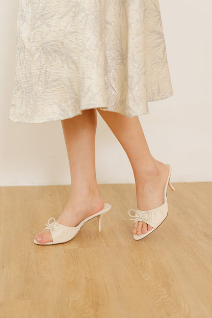 Sera Ruched Ribbon Slip-on Block Heels in Cream
