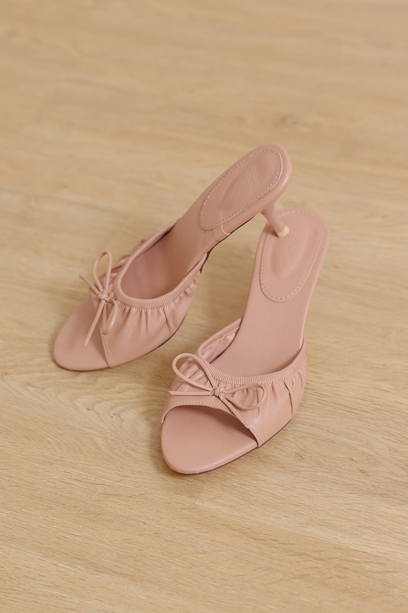 Sera Ruched Ribbon Slip-on Block Heels in Nude Pink