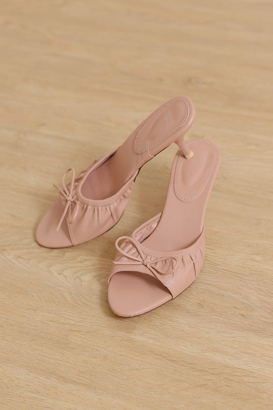 Sera Ruched Ribbon Slip-on Block Heels in Nude Pink