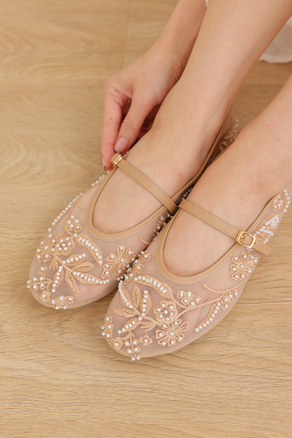 Solyn Embroidered Mesh Flats in Nude