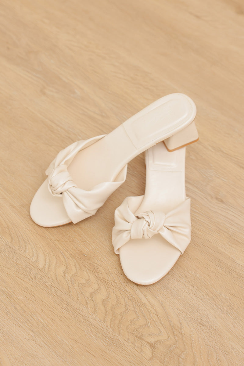 Sona Knotted Block Heels in Cream Waterproof Satin